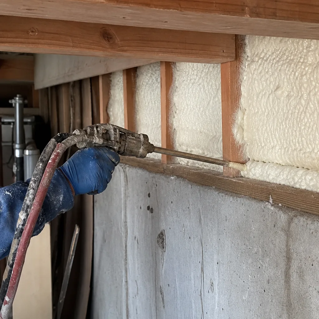 professional applying spray foam insulation between wall studs