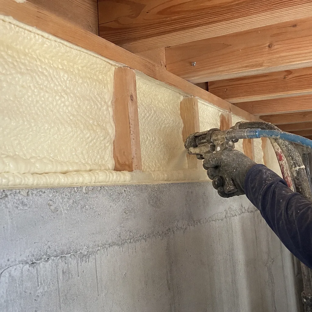 Worker applying professional spray foam insulation to basement joists and walls